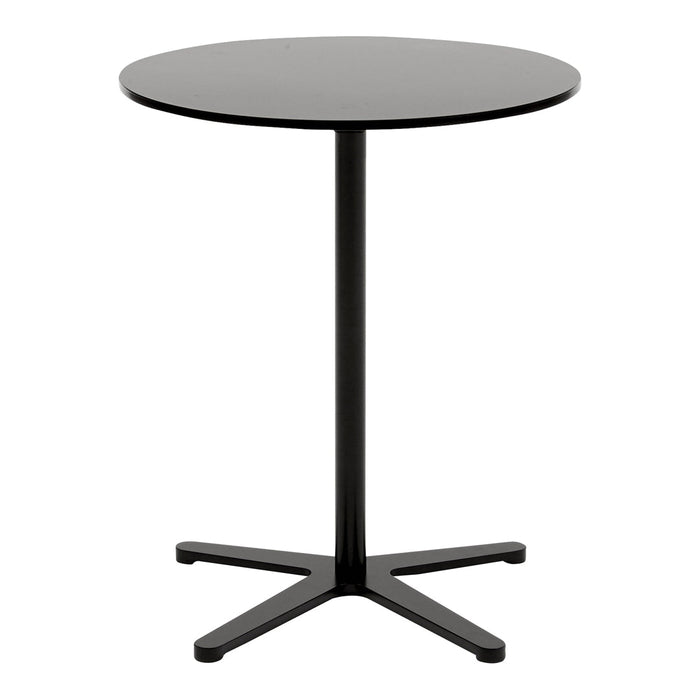 Black round table with a sleek, glossy finish and minimalist design, featuring a sturdy black base for modern decor.