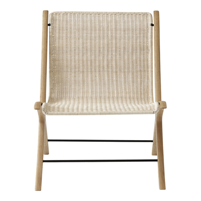 Beige woven fabric chair with a minimalist design and light wood frame, featuring subtle horizontal stripes.