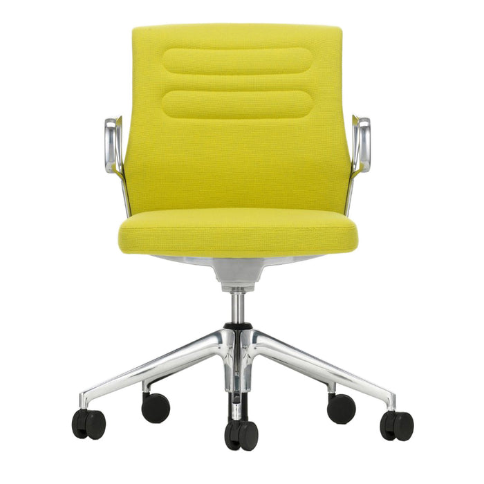 Bright yellow ergonomic office chair with subtle horizontal stripes and a sleek chrome base.