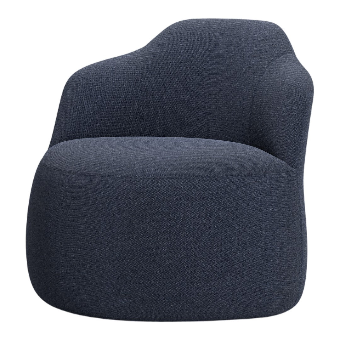Cozy dark blue upholstered armchair with a smooth, minimalist design, perfect for modern interiors.