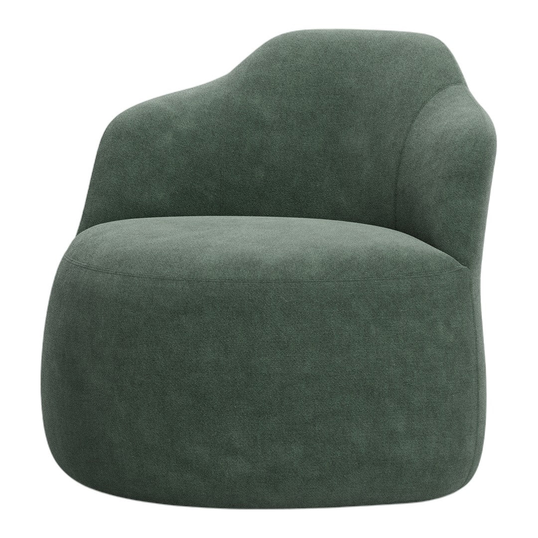 Green upholstered chair with a smooth, matte finish and a modern, sculptural design. Ideal for contemporary spaces.