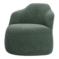 Green upholstered chair with a smooth, matte finish and a modern, sculptural design. Ideal for contemporary spaces.
