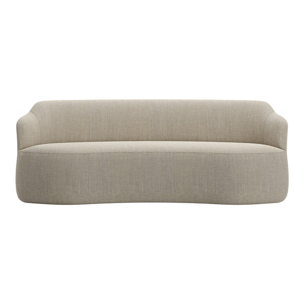 Light beige curved sofa with a textured fabric pattern, featuring smooth lines and a minimalist design.