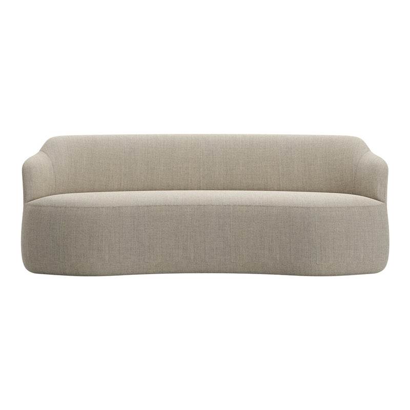 Light beige curved sofa with a textured fabric pattern, featuring smooth lines and a minimalist design.