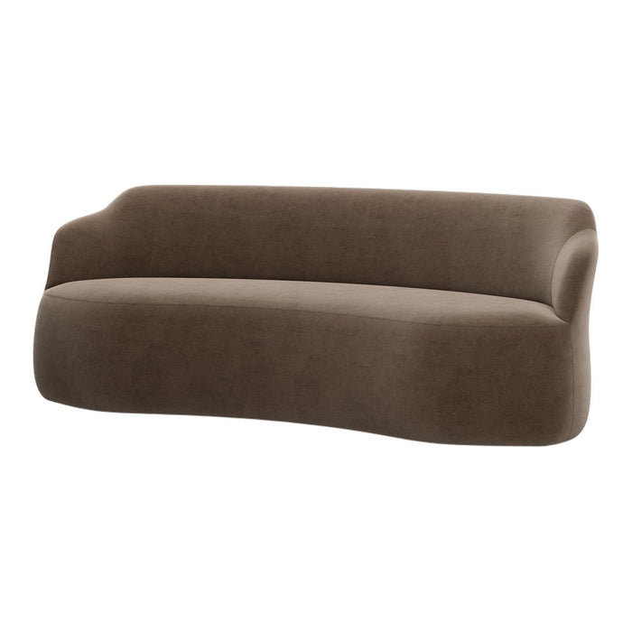Stylish brown upholstered sofa with a smooth, curved design and subtle texture, perfect for modern interiors.