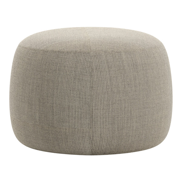 Textured, light gray pouf with a rounded shape, featuring a subtle woven pattern for a modern look.