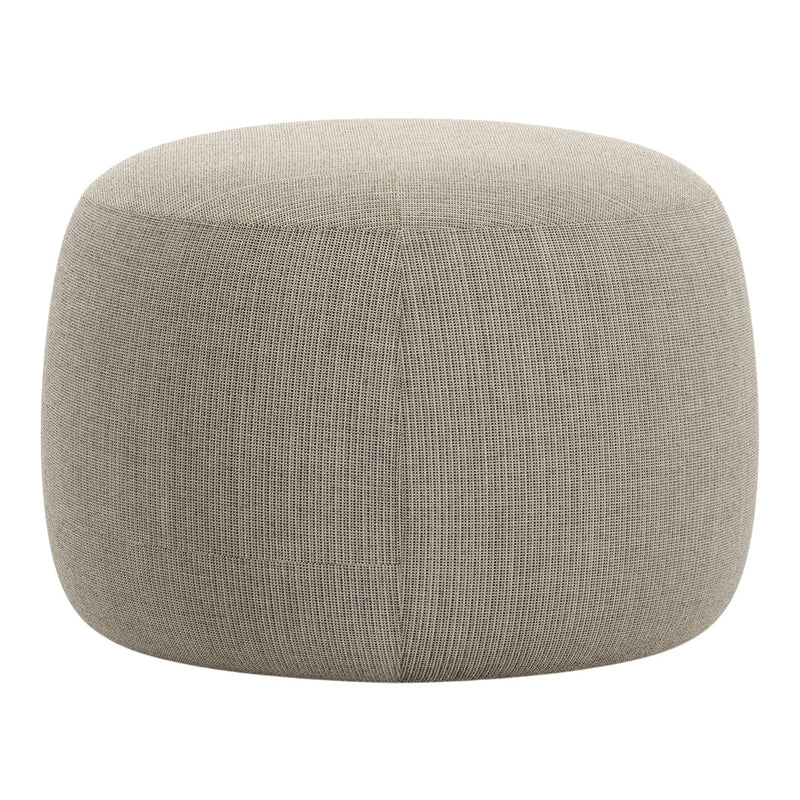 Textured, light gray pouf with a rounded shape, featuring a subtle woven pattern for a modern look.