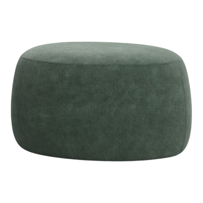 Green fabric ottoman with a smooth, rounded shape and soft texture, perfect for any modern decor.
