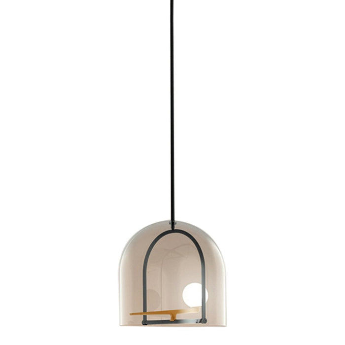 Sleek white pendant light with a minimalist black frame and a natural wood accent. Modern design for any space.
