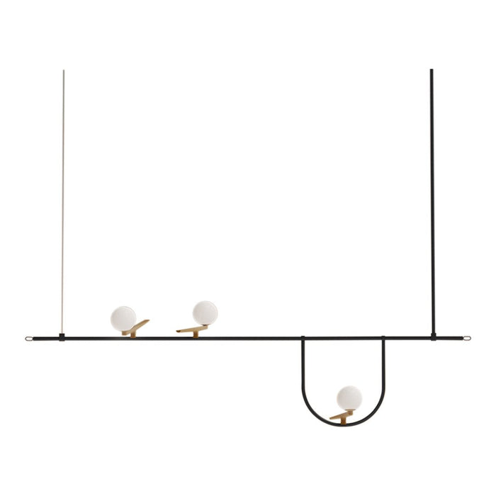 Modern black linear light fixture with three white globe bulbs and gold accents, featuring a sleek minimalist design.