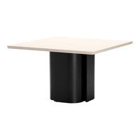Modern square table with a smooth white top and sleek black cylindrical base, perfect for contemporary spaces.