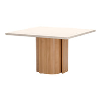 Square dining table with a smooth white top and a natural wood base featuring a modern, minimalist design.