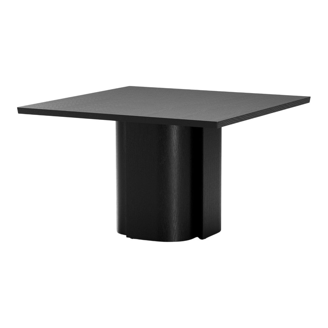 Black square table with a sleek, minimalistic design and a cylindrical pedestal base, perfect for modern decor.
