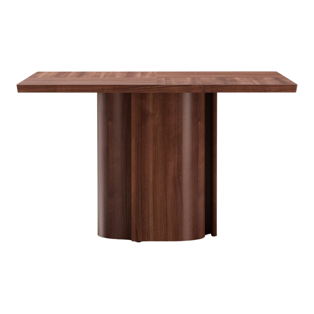 Wooden dining table with a rich walnut finish and smooth, modern design. Ideal for contemporary spaces.