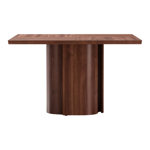 Wooden dining table with a rich walnut finish and smooth, modern design. Ideal for contemporary spaces.