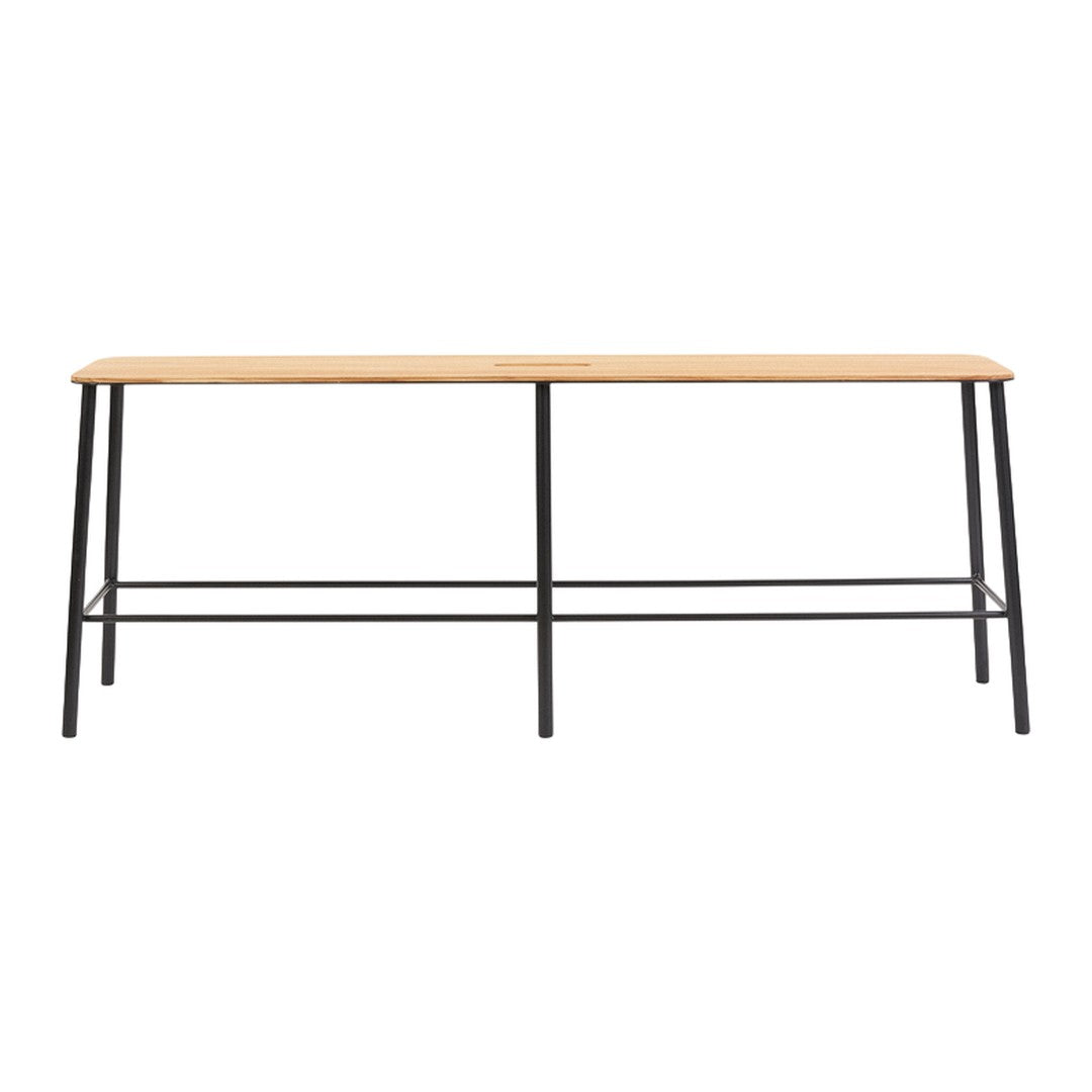 Natural wood tabletop with a light finish and sleek black metal legs, showcasing a minimalist design.
