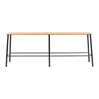 Natural wood tabletop with a light finish and sleek black metal legs, showcasing a minimalist design.