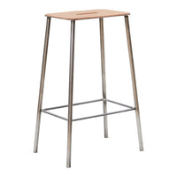 Wooden bar stool with a natural finish and silver metal legs. Simple, modern design with a clean, minimalist look.