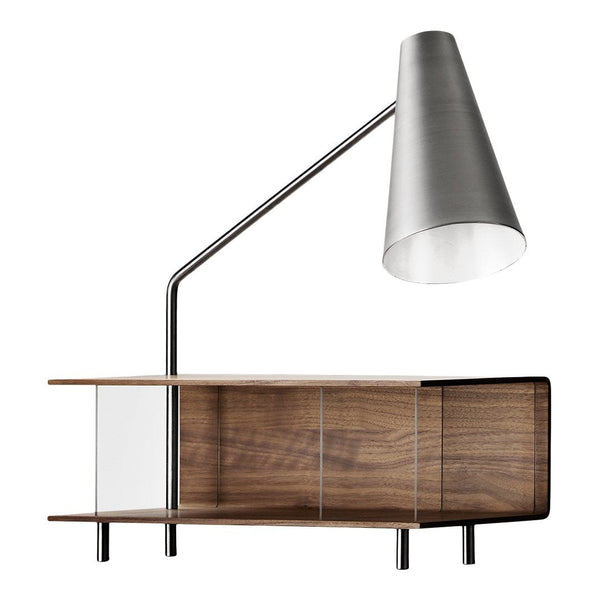 Modern lamp with sleek silver shade, paired with a warm walnut wooden base and clear glass accents.