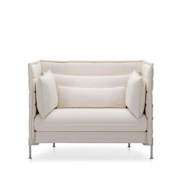 Cream-colored loveseat with clean lines and plush cushions, featuring a modern design and seamless texture.