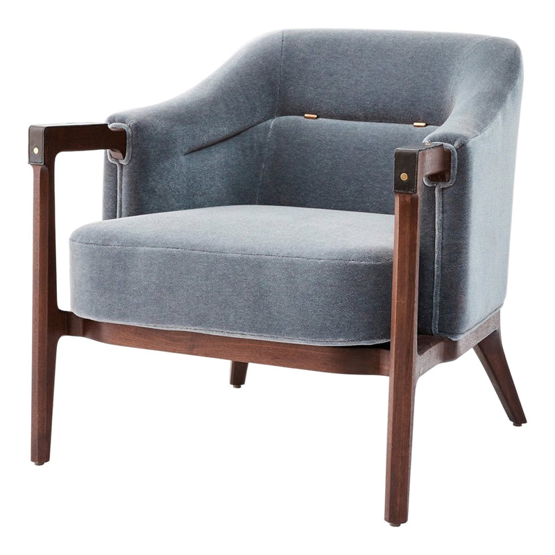 Gray upholstered chair with light blue accents and walnut wood legs, featuring a smooth, minimalist design.