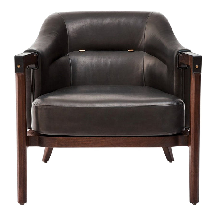 Brown leather armchair with wooden frame and subtle golden accents. Modern design and neutral tones.