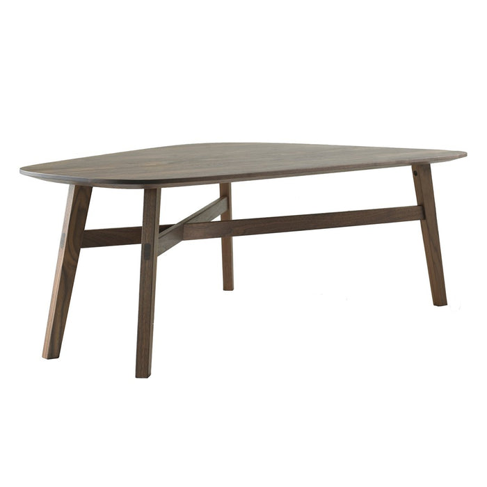 Triangular wooden coffee table with a smooth brown finish and simple, modern design. Perfect for contemporary decor.