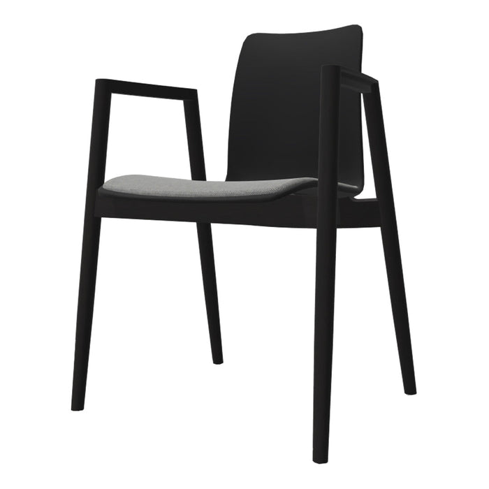 Modern black chair with sleek lines and a muted gray seat cushion. Perfect for minimalist decor.