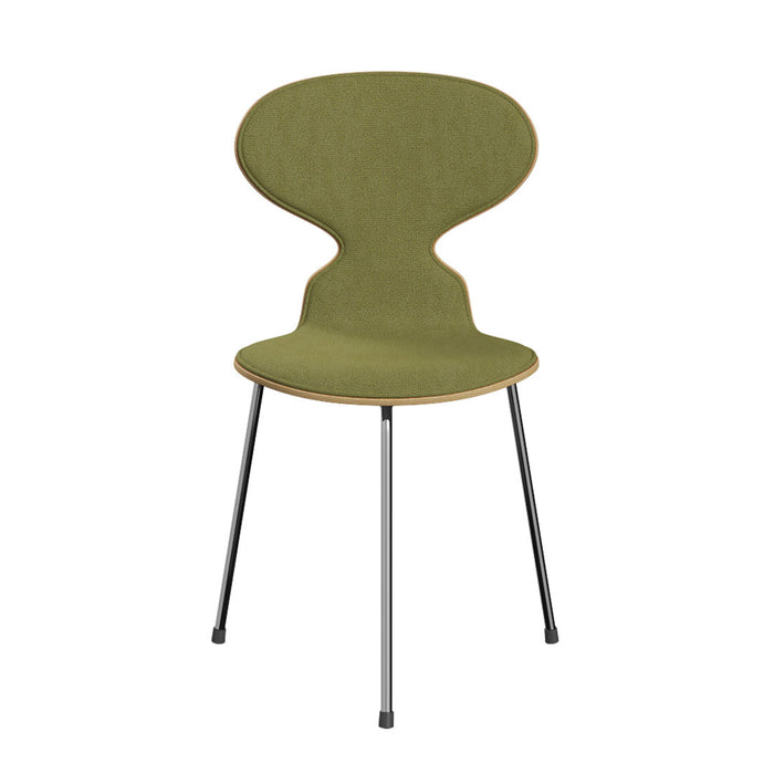 Green upholstered chair with a unique silhouette and black metal legs, featuring a smooth, minimalist design.