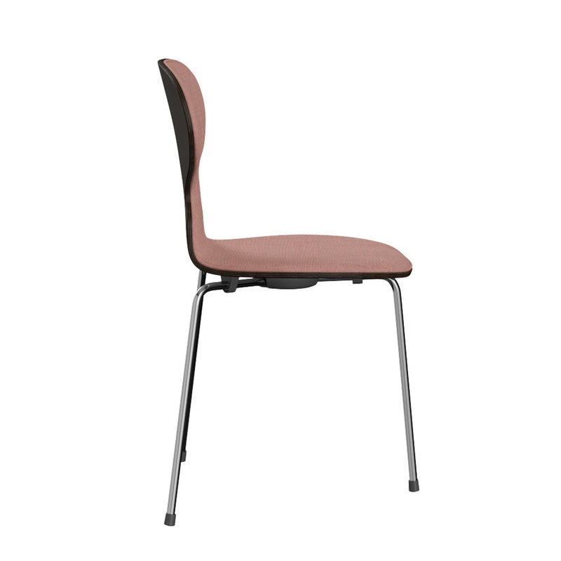 Pink upholstered chair with a sleek black backrest and silver metal legs. Modern, minimalist design.