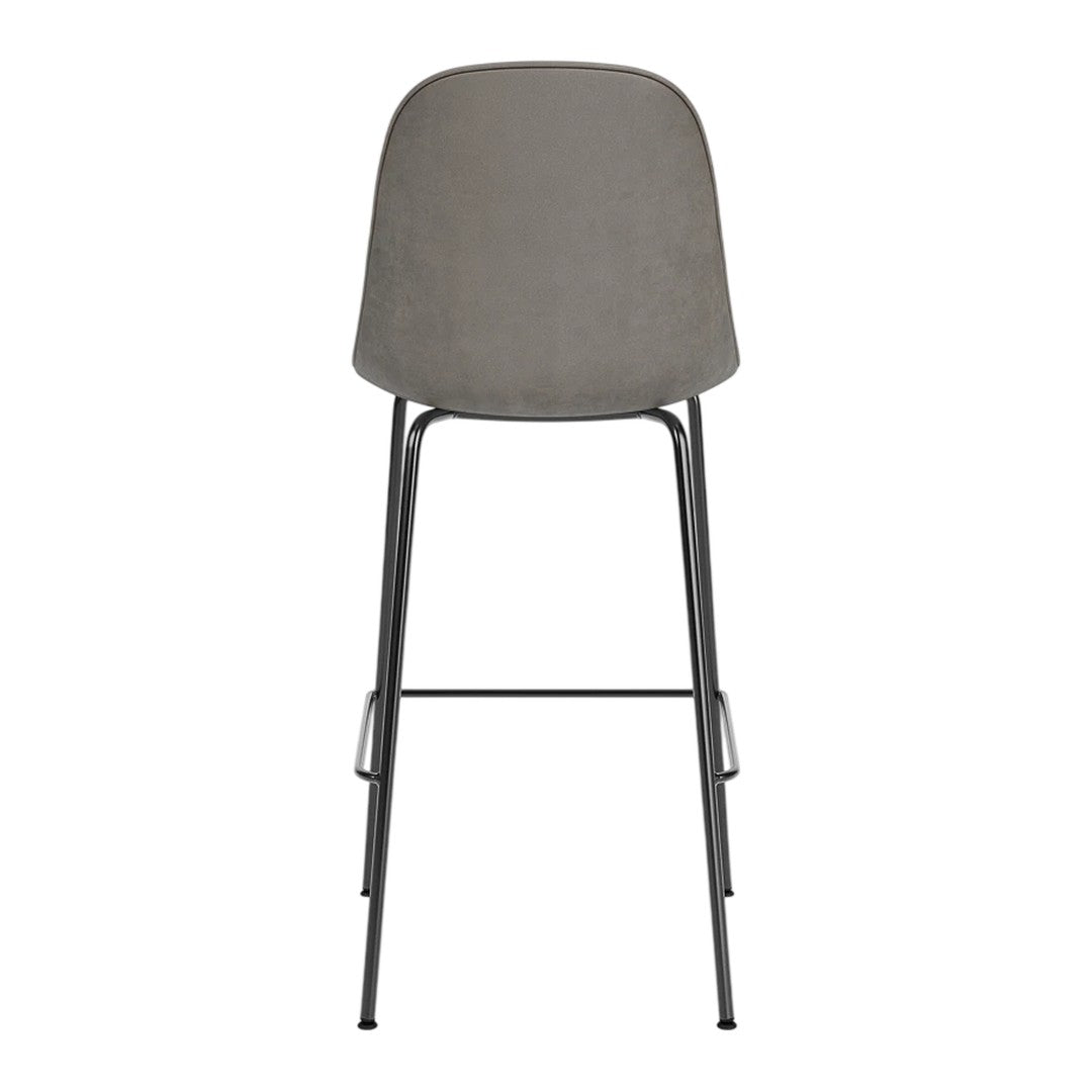 Gray upholstered bar stool with a sleek black metal frame, featuring a smooth, minimalist design.