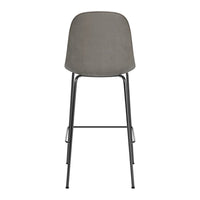 Gray upholstered bar stool with a sleek black metal frame, featuring a smooth, minimalist design.
