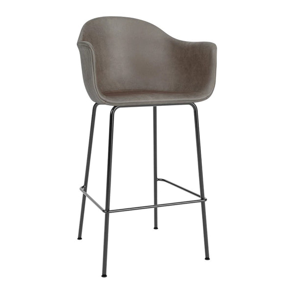 Gray upholstered bar stool with a sleek metal frame, featuring a minimalist design and smooth contours.