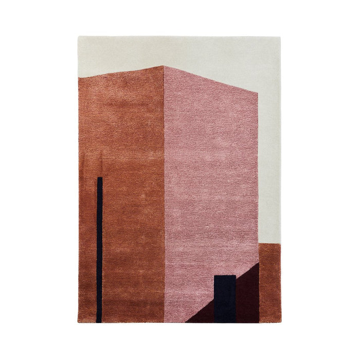 Abstract area rug featuring soft pink, terracotta, and black geometric patterns. Perfect for modern decor.
