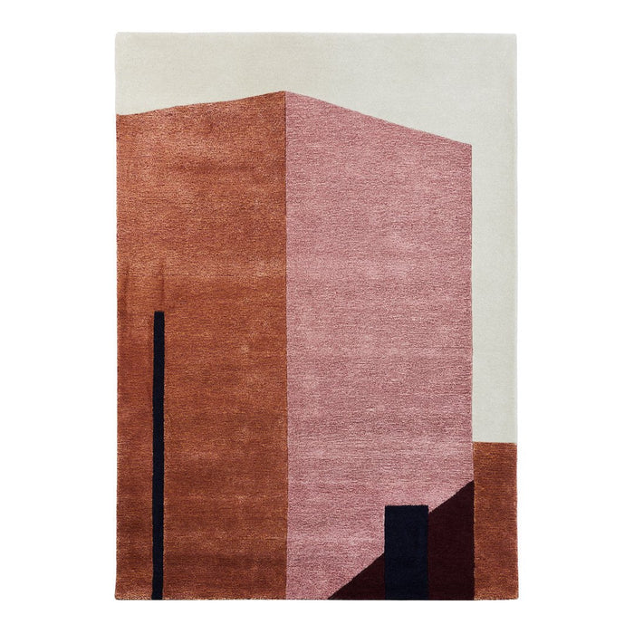 Abstract rug featuring warm pink, terracotta, and cream colors with geometric shapes and contrasting dark lines.