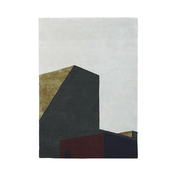 Abstract area rug featuring geometric patterns in dark green, gold, white, and burgundy colors. Modern design aesthetic.