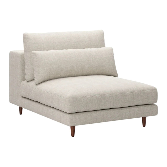 Light beige modern chaise lounge with a textured fabric and clean lines, featuring tapered wooden legs.