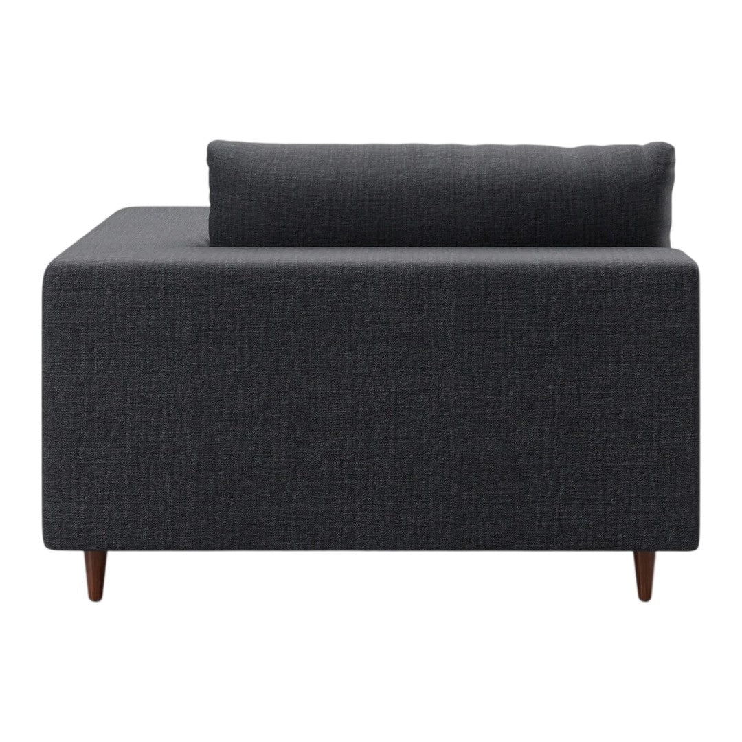 Dark gray fabric sofa with a smooth texture and clean lines, featuring a simple design and wooden legs.