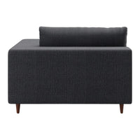 Dark gray fabric sofa with a smooth texture and clean lines, featuring a simple design and wooden legs.