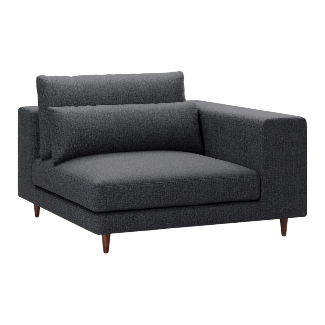 Dark gray upholstered chaise lounge with clean lines and complementary brown wooden legs. Ideal for modern decor.