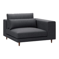 Dark gray upholstered chaise lounge with clean lines and complementary brown wooden legs. Ideal for modern decor.