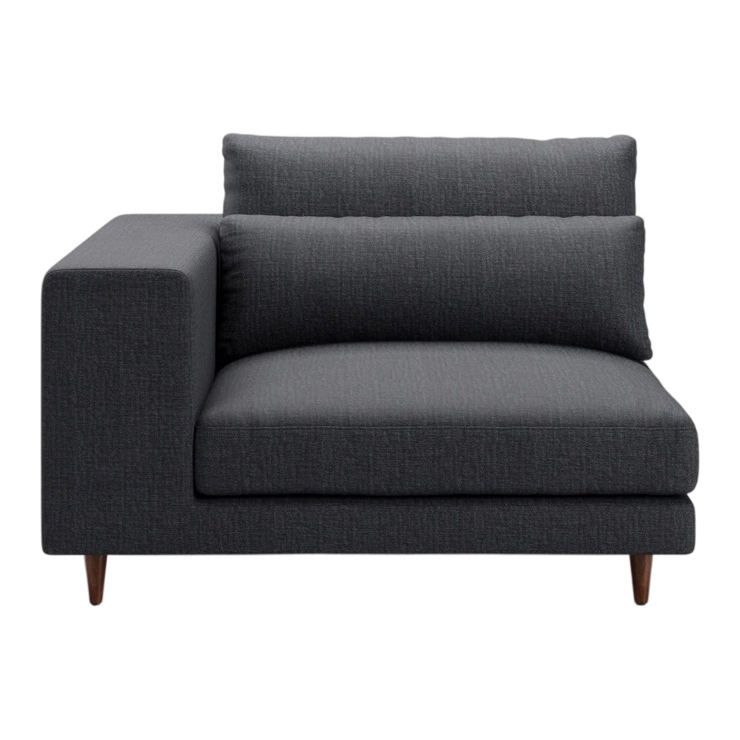 Dark gray upholstered sofa with clean lines and two plush cushions. Simple, modern design with wooden legs.