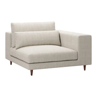 Light beige modern sectional sofa with clean lines and minimalistic design, featuring smooth fabric and wooden legs.