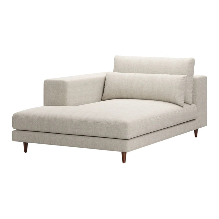 Light beige chaise lounge with subtle woven texture and tapered wooden legs. Modern and minimalist design.
