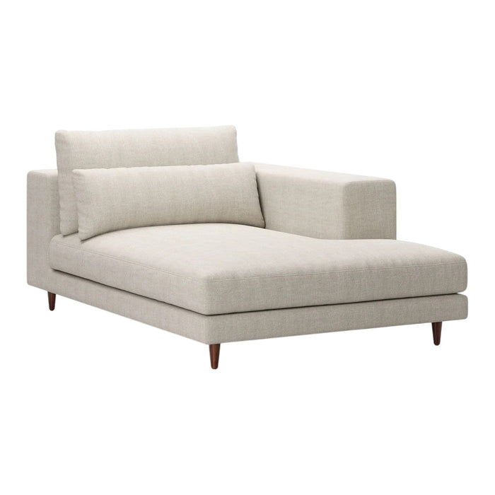 Light beige chaise lounge with a smooth texture and minimalist design, featuring solid wood legs.