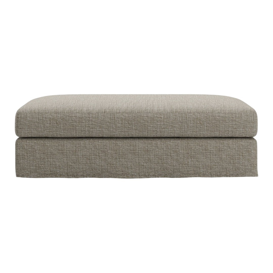 Light gray upholstered ottoman with a subtle textured pattern, perfect for modern interiors.