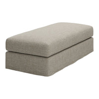 Beige upholstered ottoman with a textured fabric and minimalist design, perfect for any modern decor.