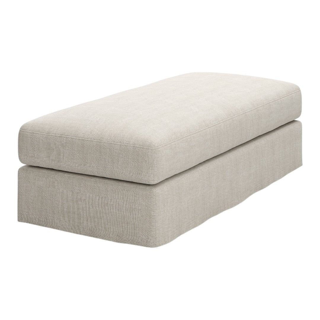 Beige upholstered ottoman with a subtle textured pattern and clean, minimalist design. Perfect for any decor style.