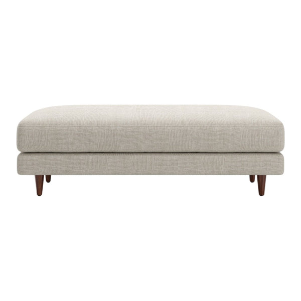 Light gray upholstered ottoman with a subtle textured pattern and wooden legs. Perfect for modern decor.
