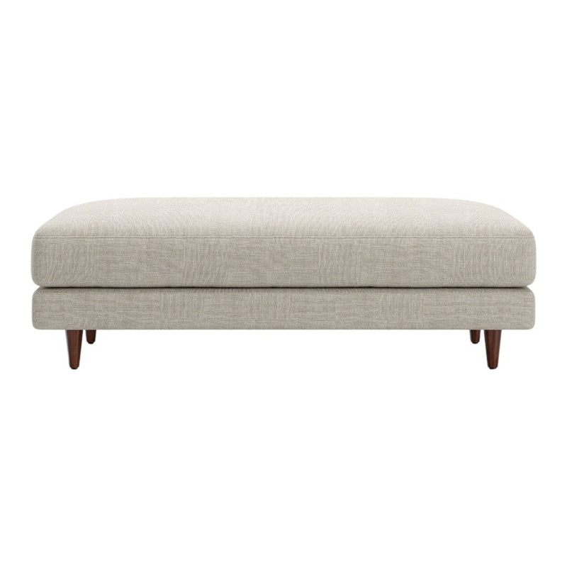 Light gray upholstered ottoman with a subtle textured pattern and wooden legs. Perfect for modern decor.